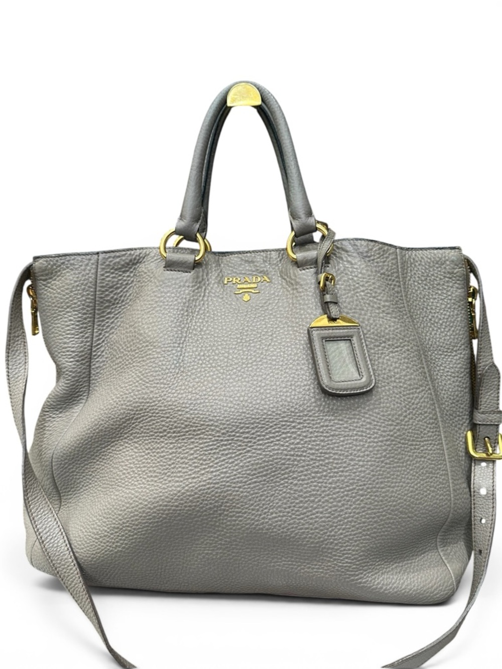 Prada Vitello Daino Leather Tote Gray Top Handle w Strap Gold Hardware (C16)
